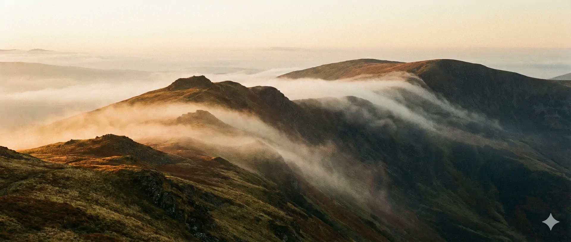 Mountain peaks emerging from mist at sunrise
